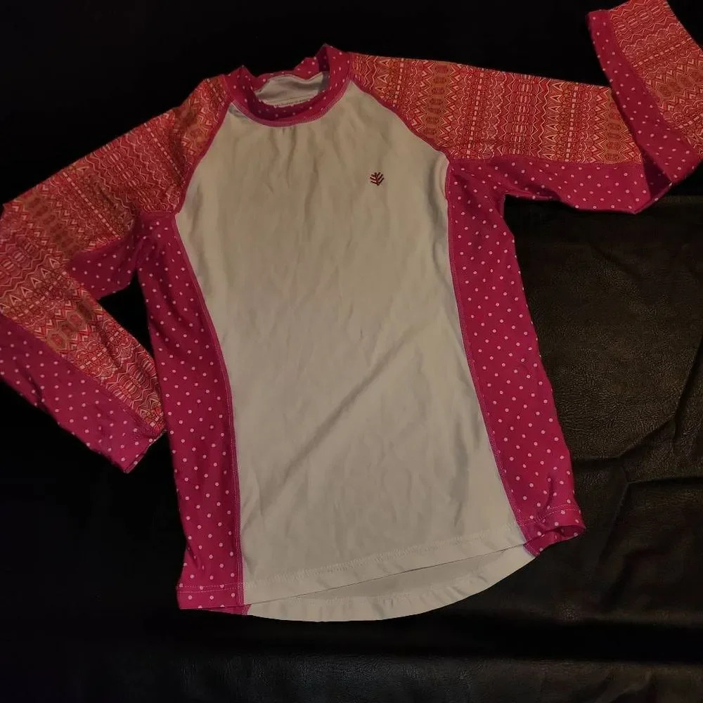 Coolibar Girls Pink‎ White Long Sleeve Polka Dot Shirt Top Large 12